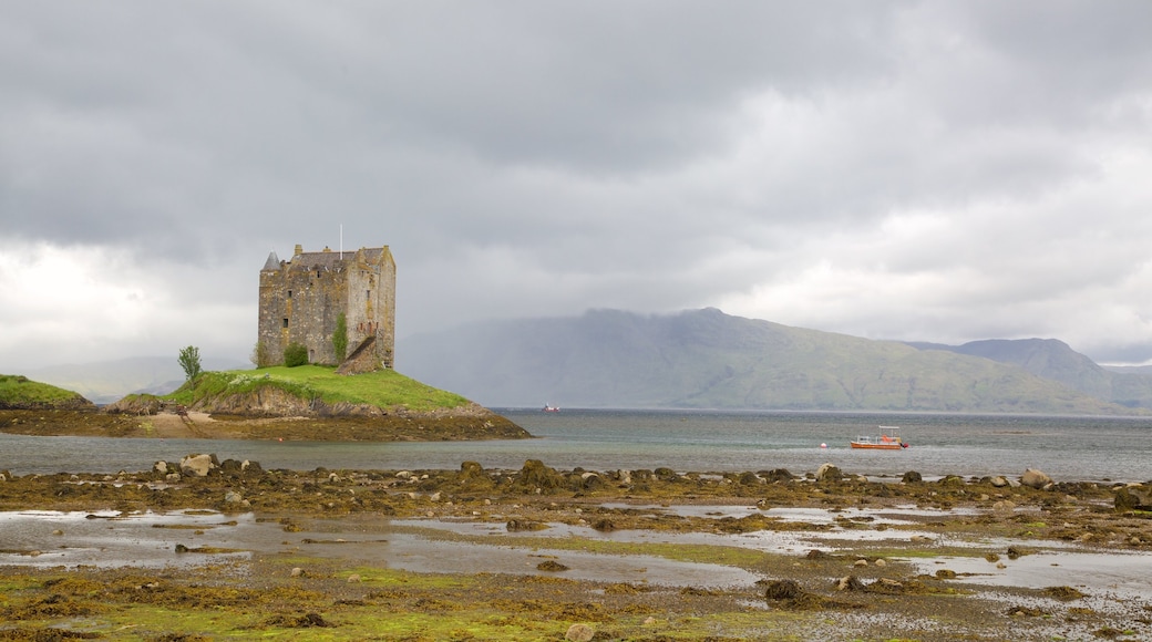 Castle Stalker showing a lake or waterhole, heritage elements and heritage architecture