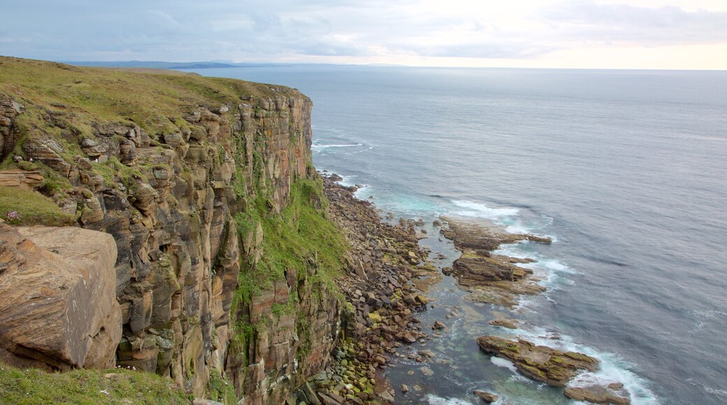 Dunnet Head Lighthouse which includes tranquil scenes and rugged coastline