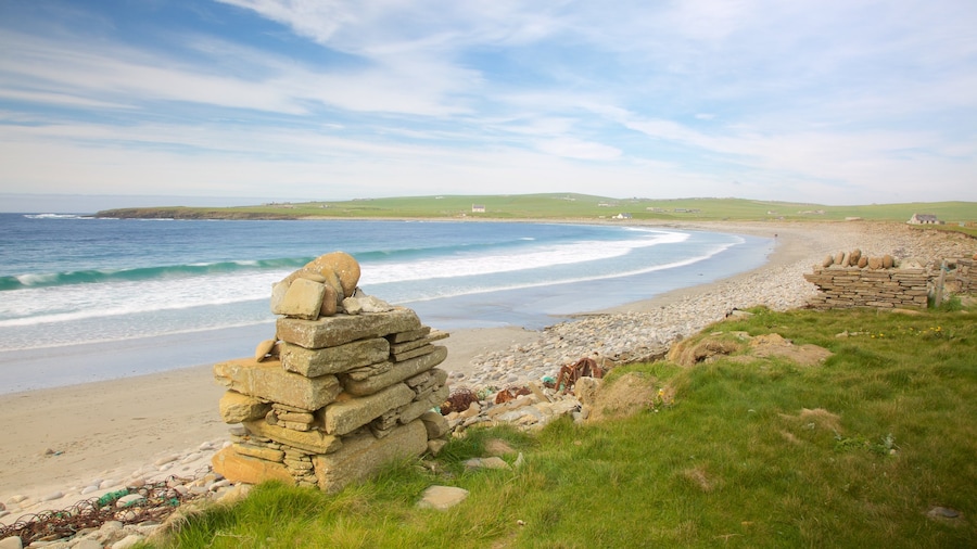 Stromness which includes a sandy beach, tranquil scenes and a bay or harbor
