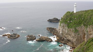 Shikoku featuring a lighthouse and rocky coastline