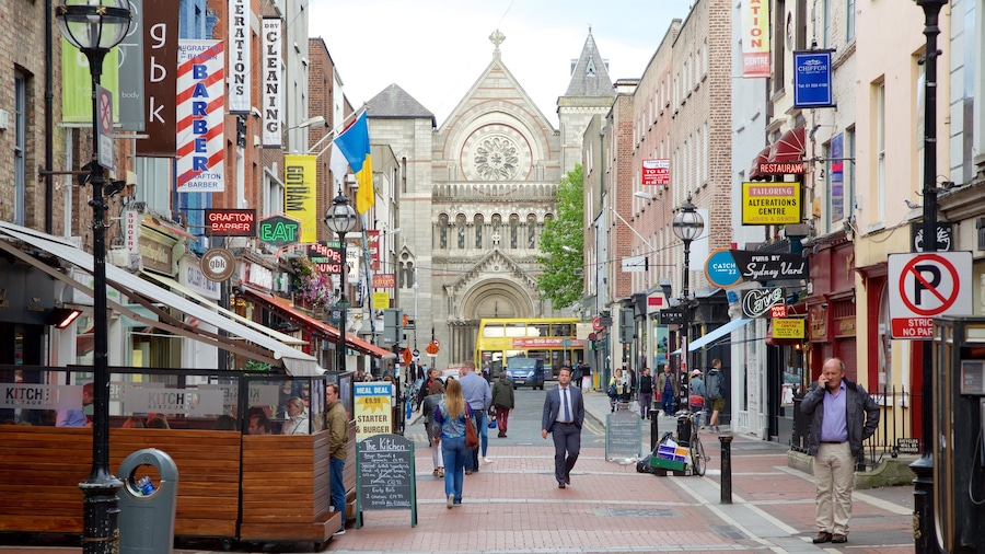Dublin showing heritage architecture, religious elements and signage
