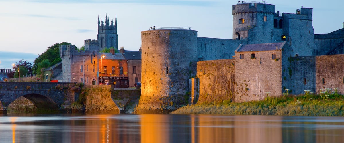 King John\'s Castle showing a river or creek, a bridge and heritage elements