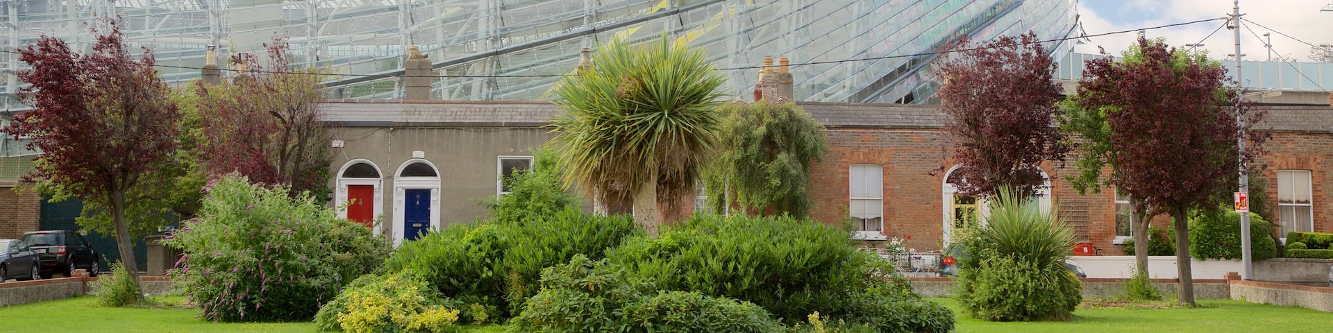 Aviva Stadium showing modern architecture, heritage architecture and a garden