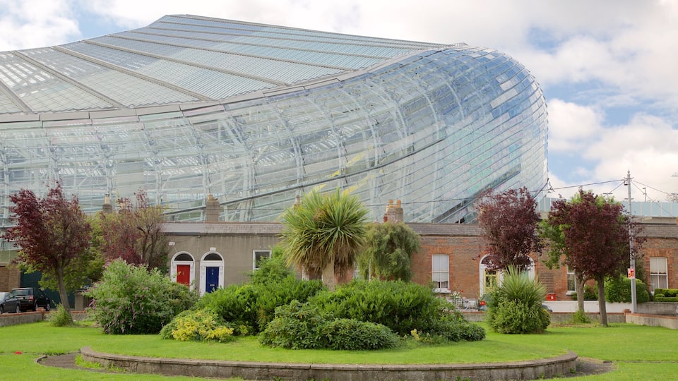 Aviva Stadium which includes a park, heritage architecture and modern architecture