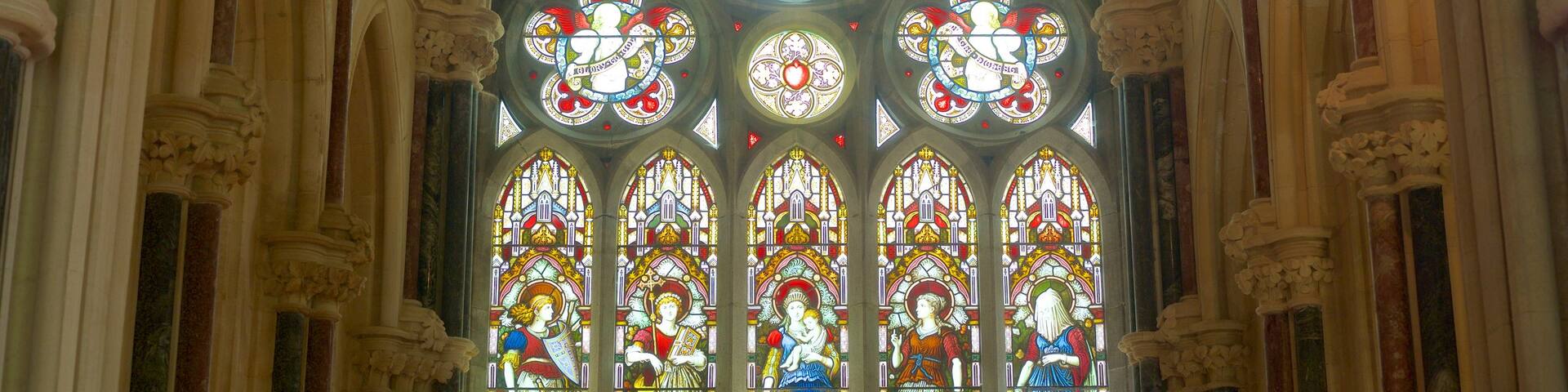 Kylemore Abbey featuring a church or cathedral, heritage elements and religious elements