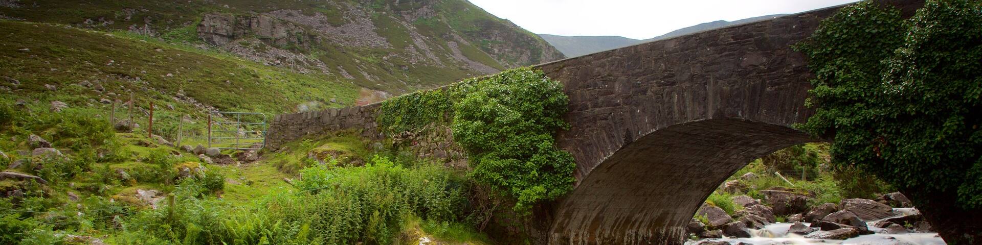 Gap of Dunloe which includes a bridge, a river or creek and tranquil scenes