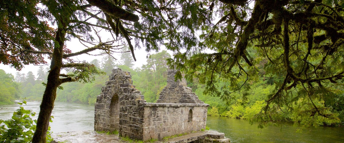Cong Abbey which includes heritage elements, building ruins and a river or creek