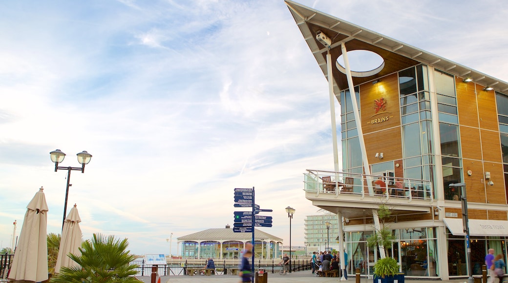 Mermaid Quay which includes a coastal town, a square or plaza and modern architecture