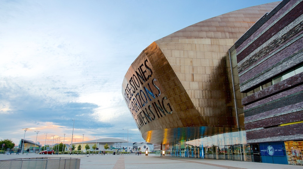 Wales Millennium Centre ofreciendo una ciudad, un parque o plaza y arquitectura moderna