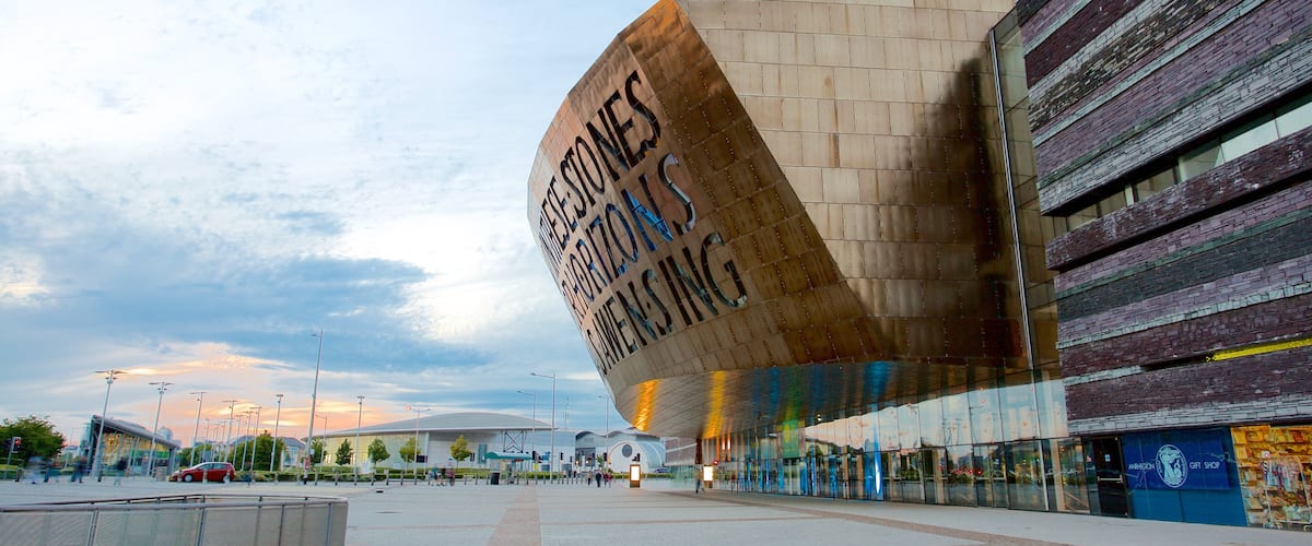 Wales Millennium Centre featuring a city, modern architecture and a square or plaza