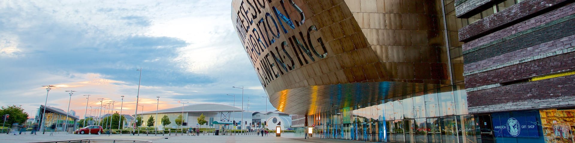 Wales Millennium Centre featuring a city, modern architecture and a square or plaza