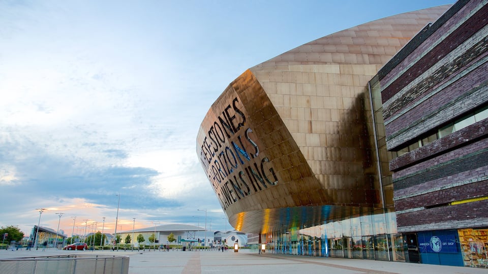 Wales Millennium Centre mostrando una ciudad, una plaza y arquitectura moderna