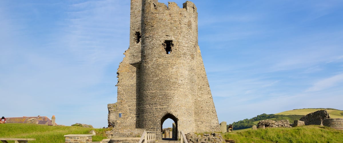 Aberystwyth Castle featuring landscape views, a bridge and chateau or palace