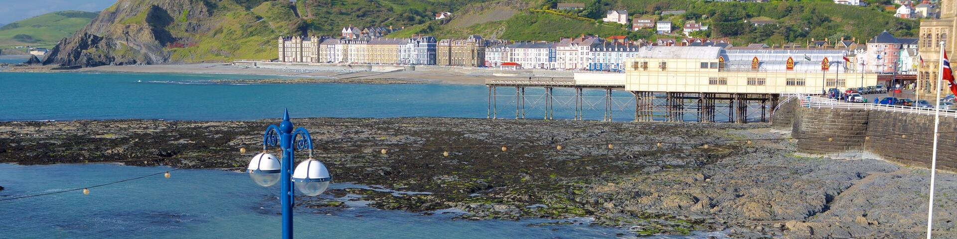 Aberystwyth featuring a coastal town, rugged coastline and a bridge