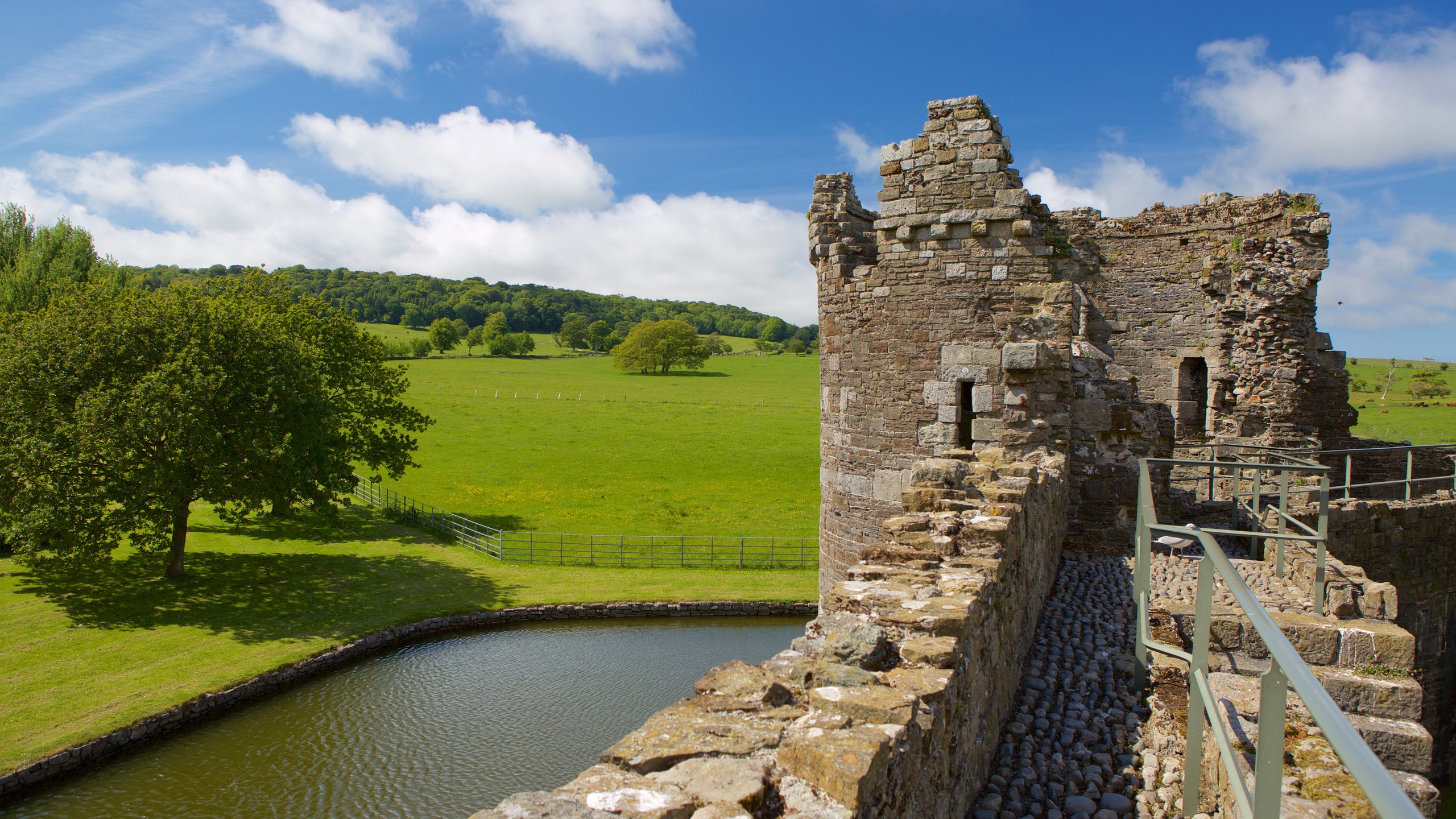 Beaumaris Castle som omfatter fredfyldte omgivelser, bygningsruiner og kulturarvsgenstande