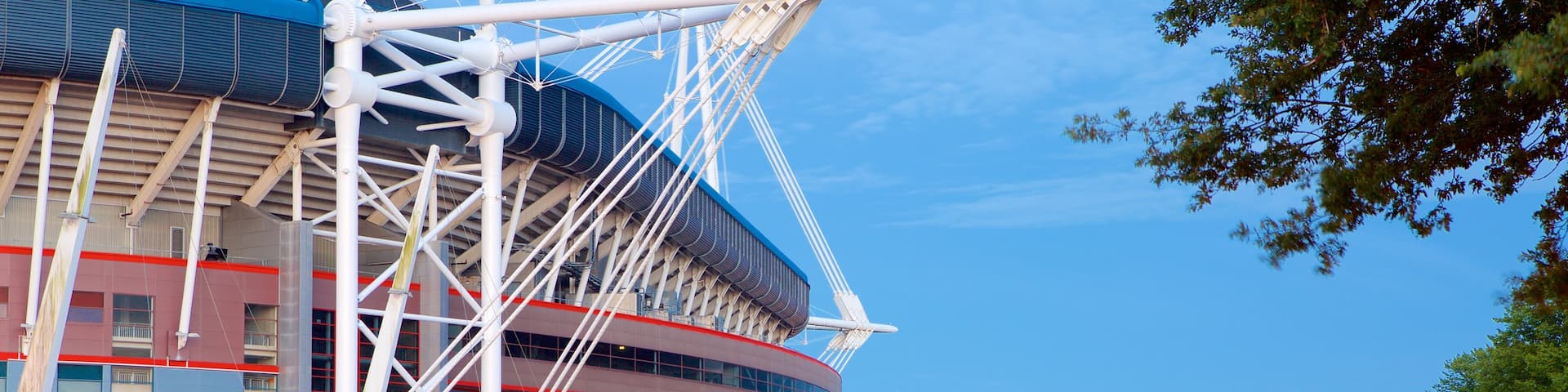 Millennium Stadium which includes modern architecture and a river or creek