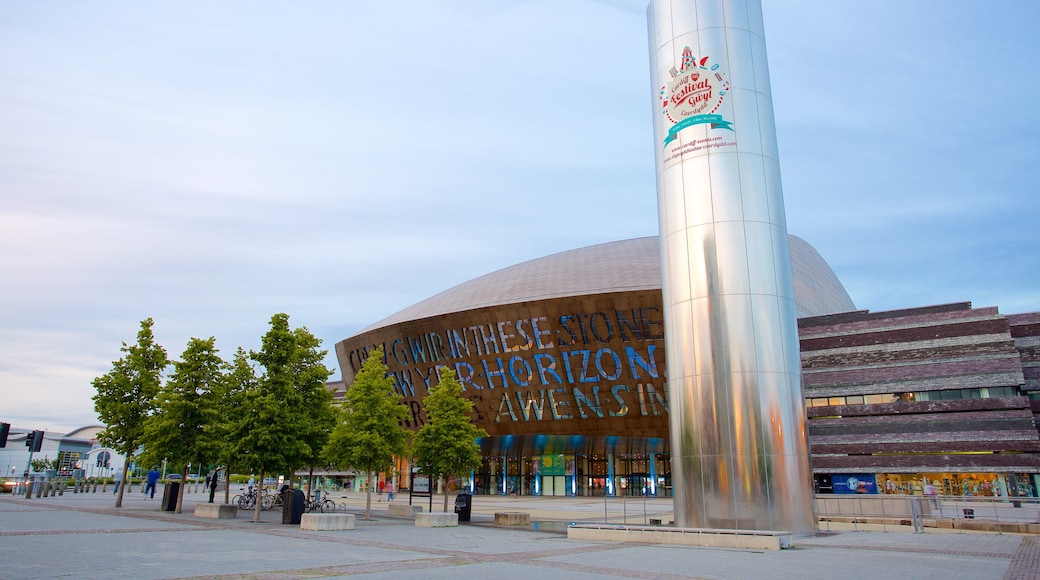 Wales Millennium Centre featuring signage and modern architecture