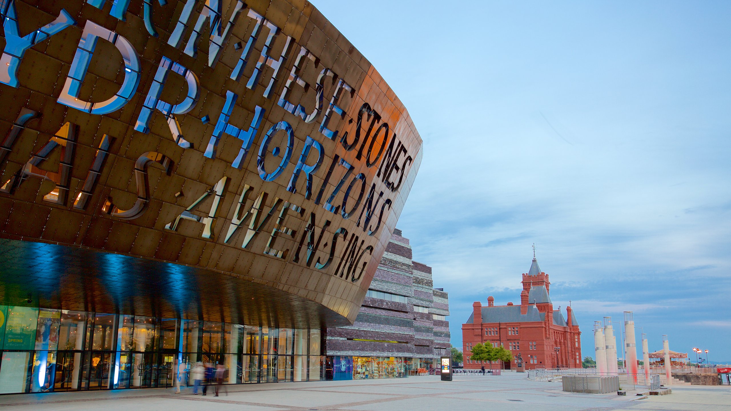 Wales Millennium Centre which includes modern architecture, street scenes and signage