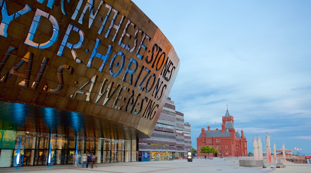 Wales Millennium Centre showing street scenes, modern architecture and signage