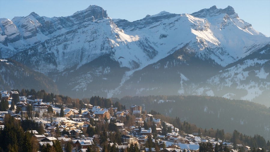 Gryon que inclui neve, uma cidade pequena ou vila e montanhas