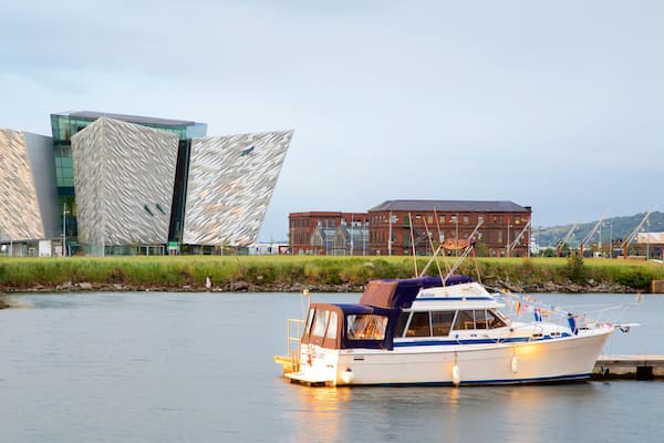 Titanic Belfast featuring a river or creek, modern architecture and boating