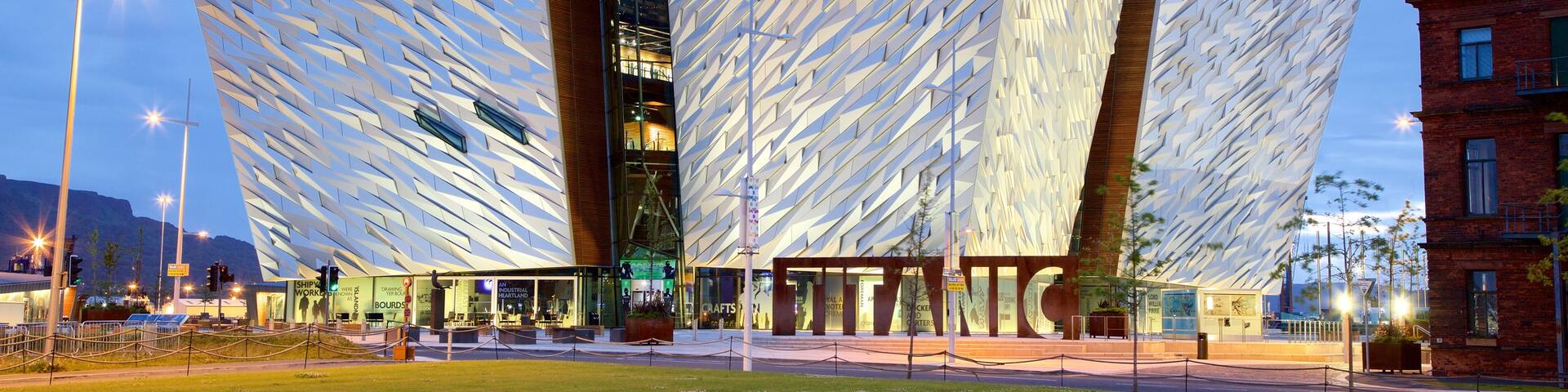 Titanic Belfast featuring street scenes, modern architecture and a city