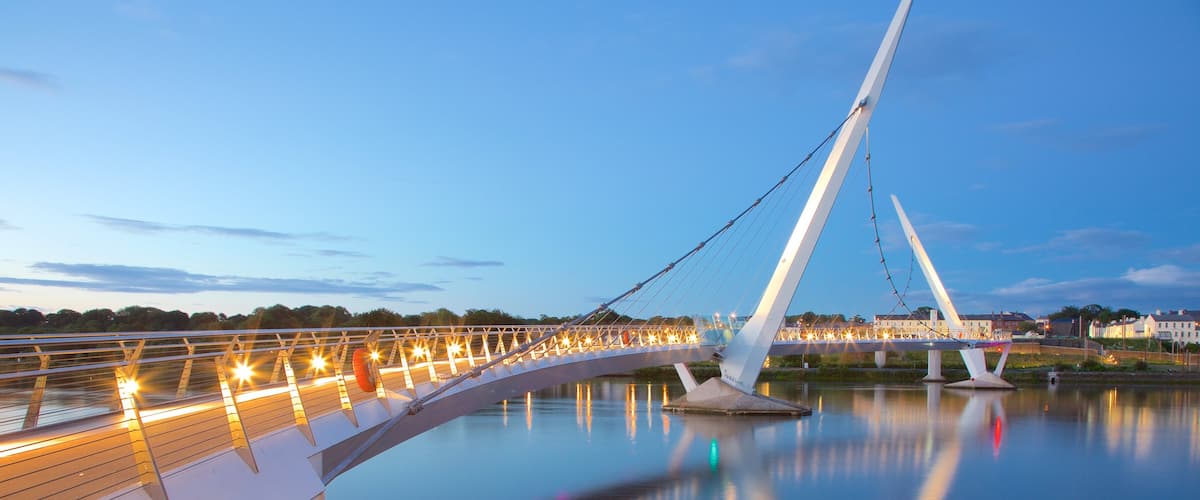 Peace Bridge showing modern architecture, a bridge and a city