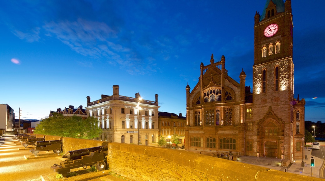 Guildhall which includes night scenes, a church or cathedral and heritage elements