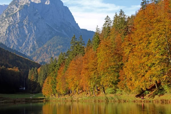 Garmisch-Partenkirchen das einen Herbstblätter, Fluss oder Bach und Berge