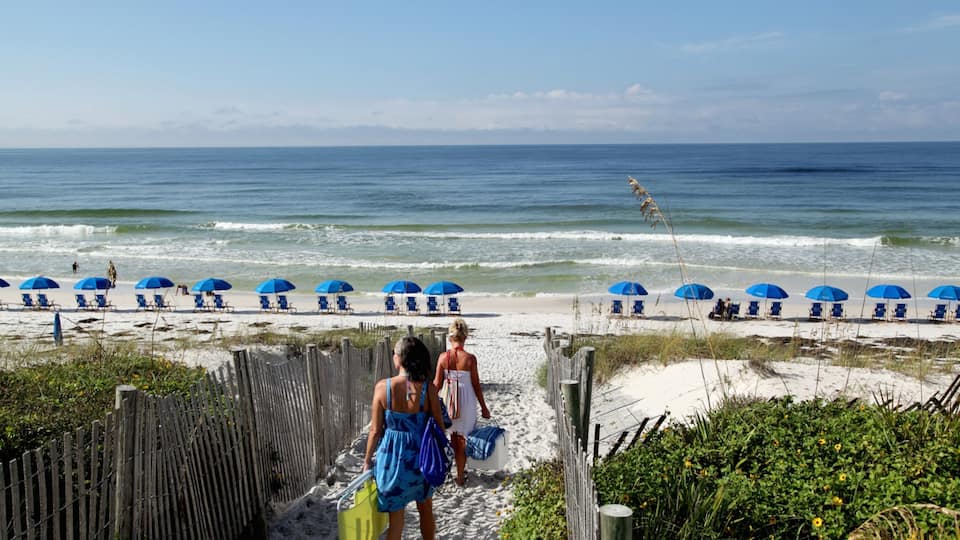 Seaside which includes general coastal views and a beach as well as a small group of people