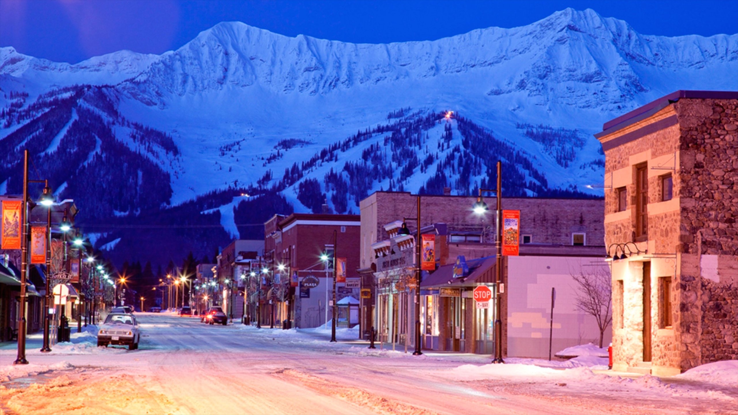 Fernie Alpine Resort which includes street scenes, mountains and night scenes