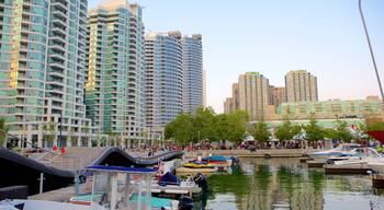 Harbourfront which includes a marina, a city and a bay or harbour