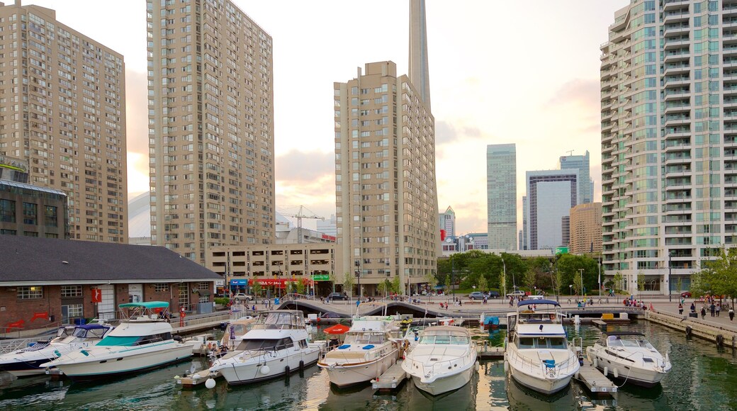 Harbourfront showing a bay or harbor, a marina and a city