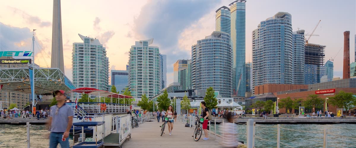 Harbourfront which includes a city, a bay or harbor and a skyscraper