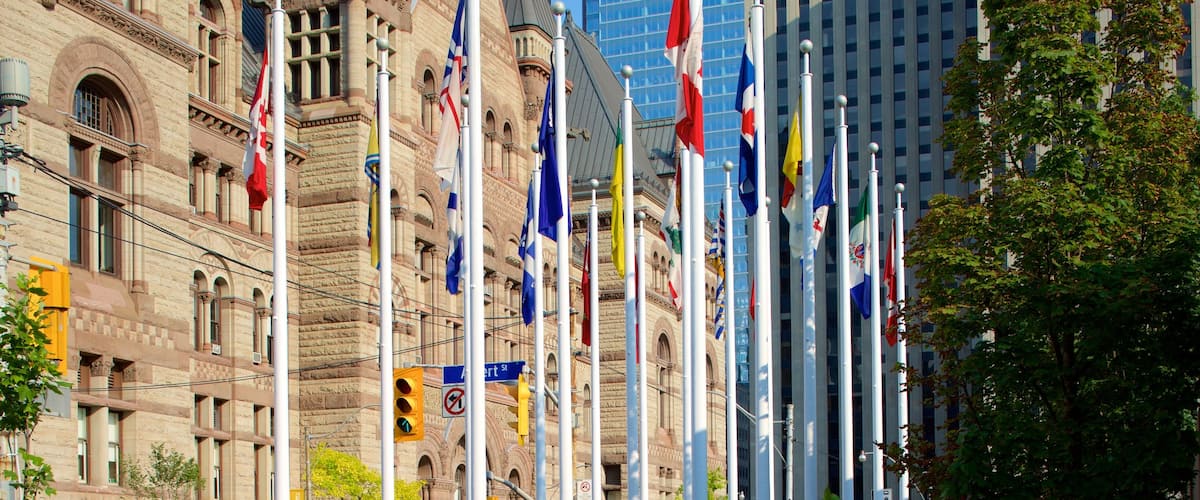 Downtown Toronto showing heritage architecture, a city and an administrative building