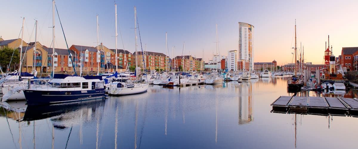 Swansea mostrando paseos en lancha, una marina y vistas generales de la costa