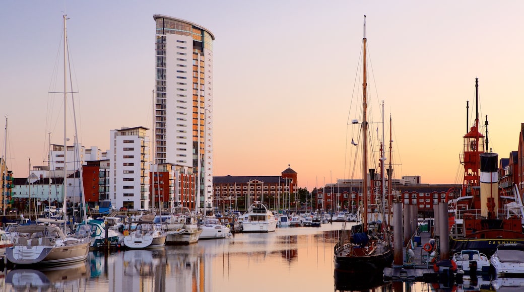 Swansea featuring a marina, a sunset and general coastal views