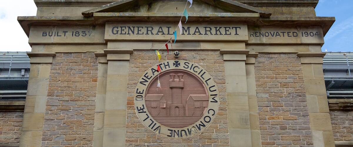 Neath featuring heritage elements and signage
