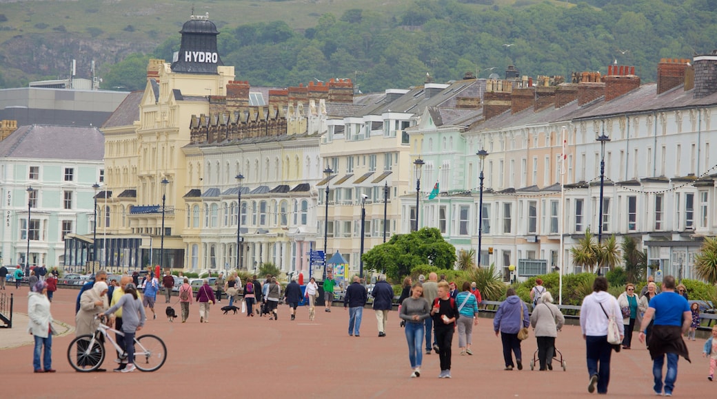 Llandudno showing a square or plaza and a small town or village as well as a large group of people