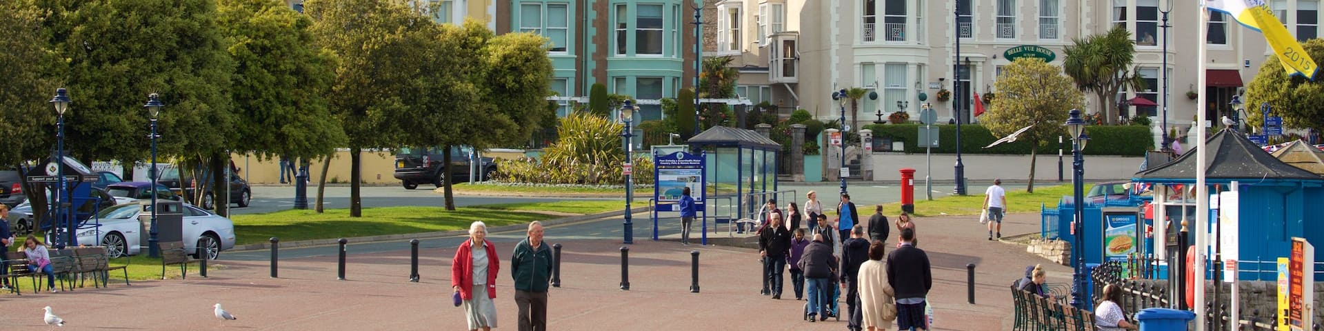 Llandudno showing a square or plaza and a small town or village as well as a large group of people