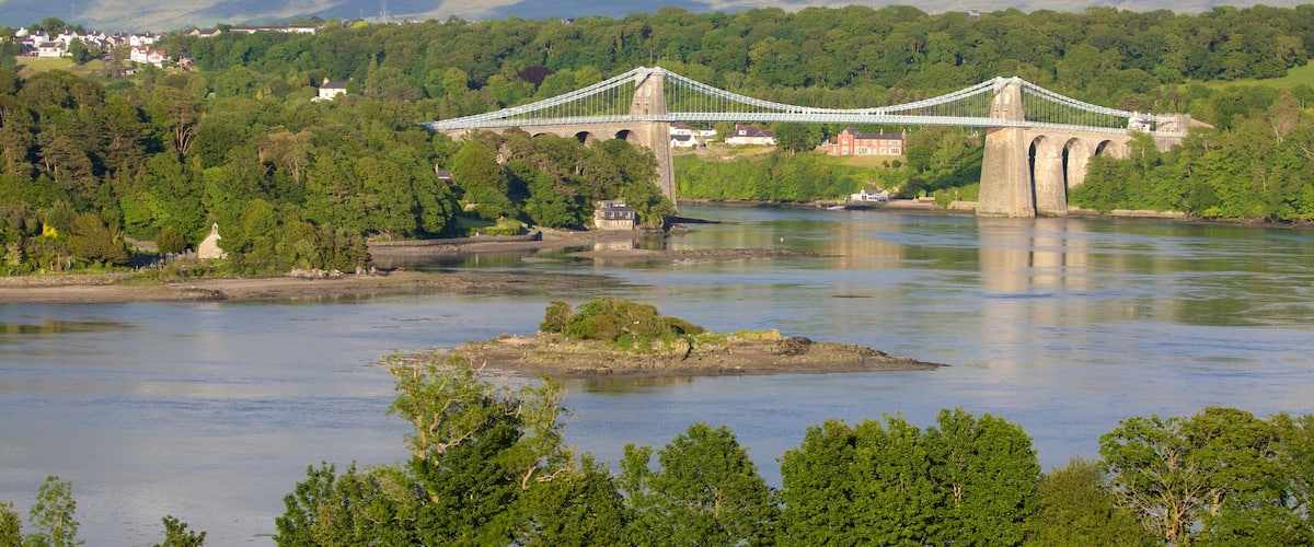 Menai Bridge showing farmland, a river or creek and a bridge