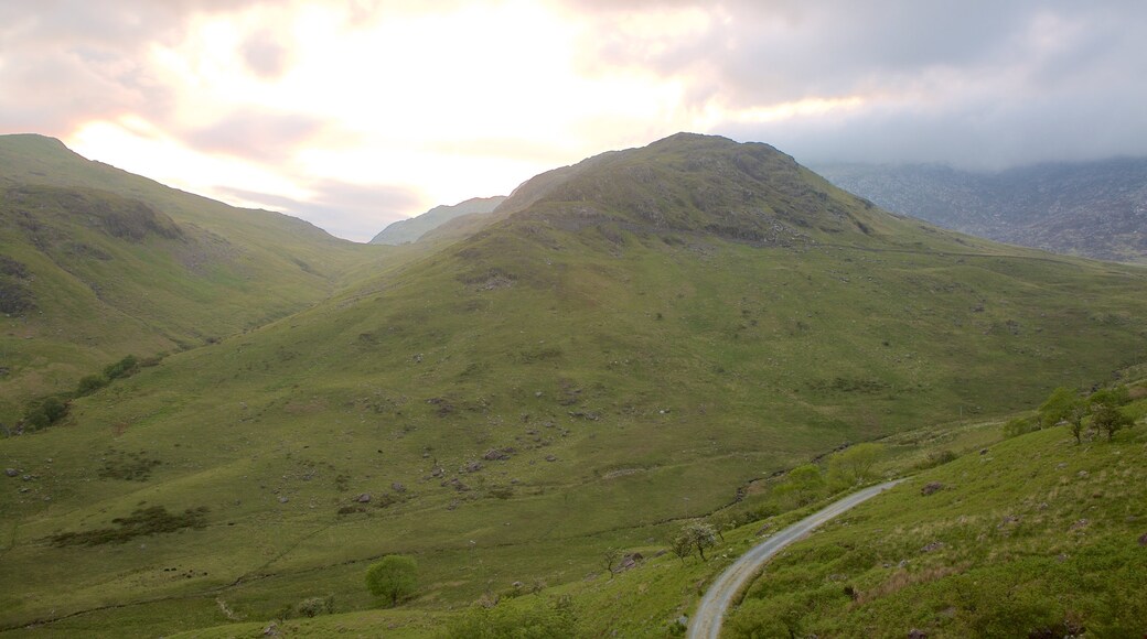 Mount Snowdon som viser bjerge, fredfyldte omgivelser og en solnedgang