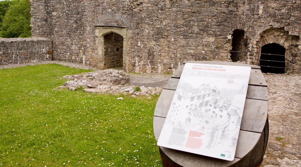 Oxwich Castle che include castello o palazzo, oggetti d\'epoca e rovine di un edificio