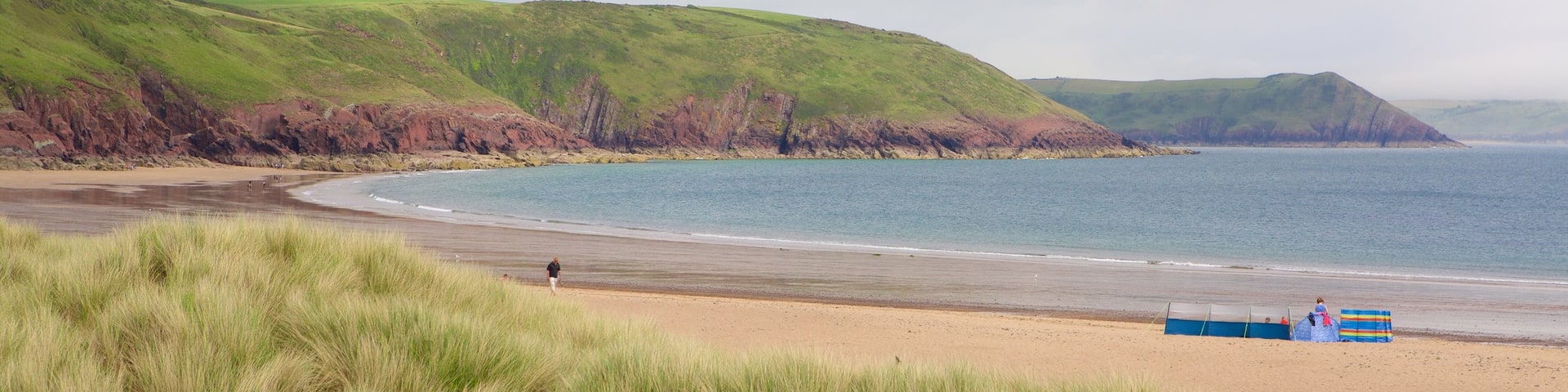 Freshwater East Beach featuring a beach, a bay or harbor and general coastal views