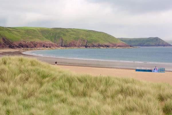 Freshwater East Beach featuring general coastal views, a sandy beach and a bay or harbour