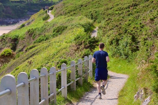 Plage de Caswell Bay montrant randonnée ou marche à pied aussi bien que homme