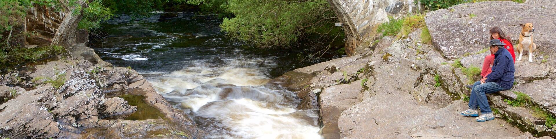 Falls of Dochart mostrando un puente y rápidos y también un pequeño grupo de personas