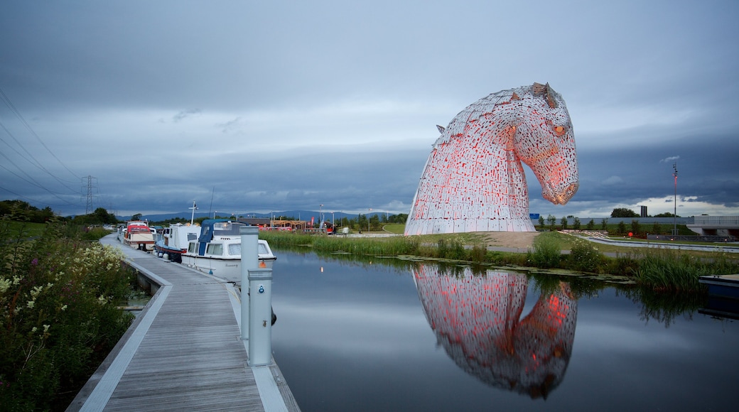 Grangemouth showing outdoor art, a river or creek and night scenes