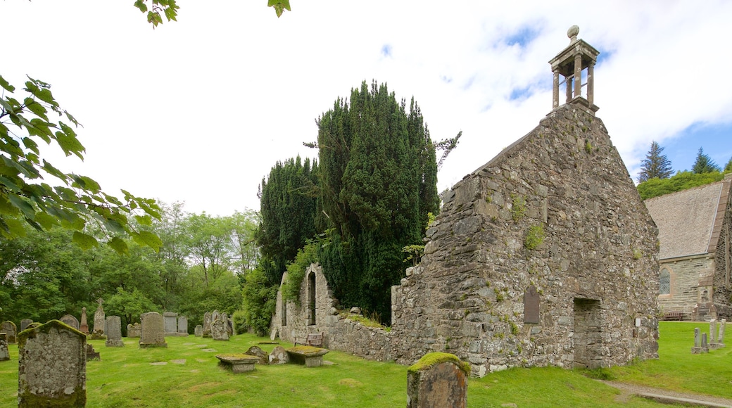 Balquhidder Church showing building ruins, a cemetery and a church or cathedral