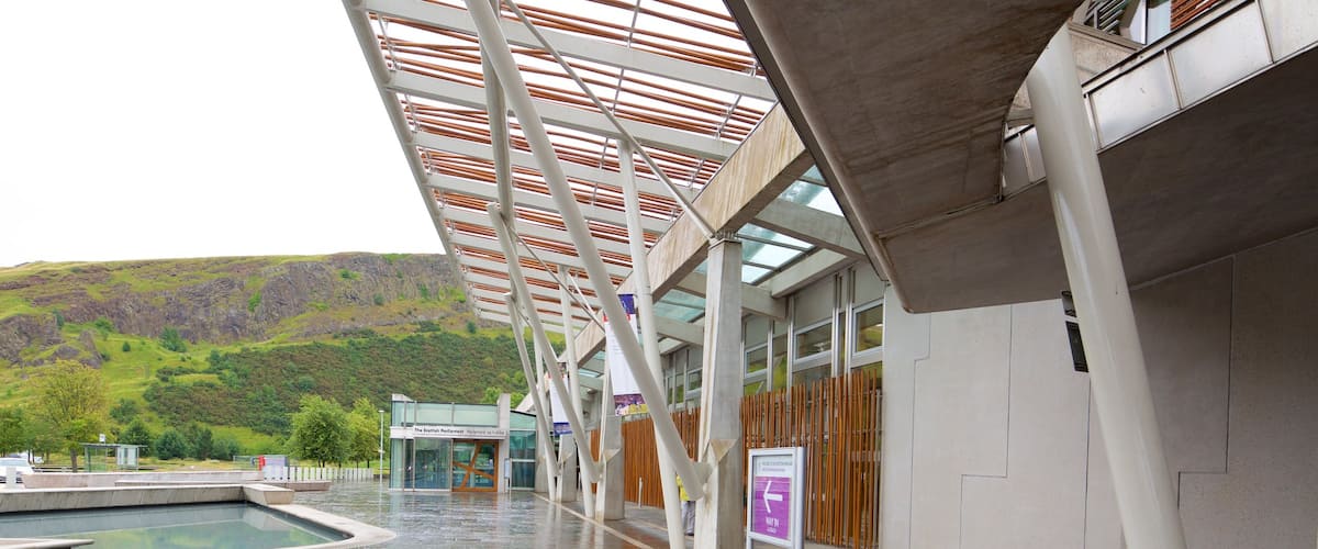 Scottish Parliament featuring a pool and street scenes